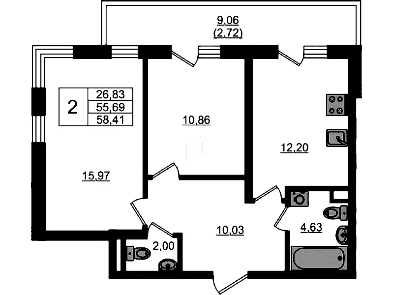 2-комнатная квартира 58.41 м², 1/4 эт., ЖК «Новая история»